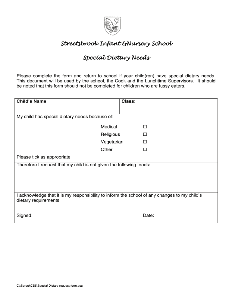 Dietary Requirements Email Template  Form