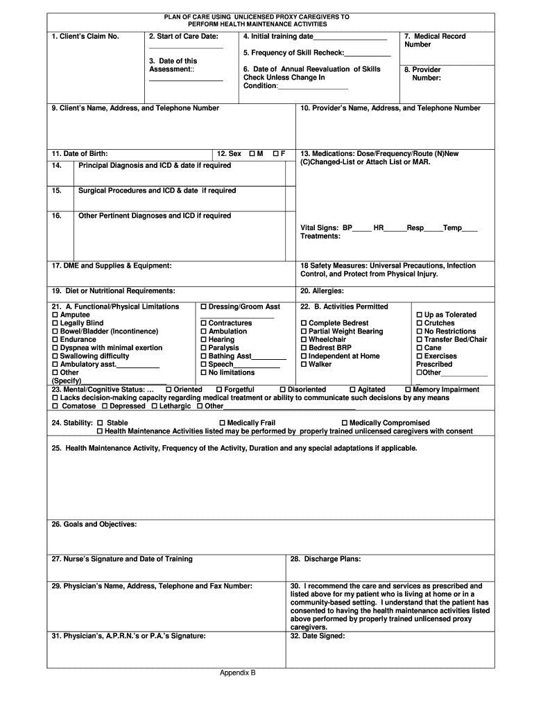 Plan of Care Using Unlicensed Proxy Caregivers  Form