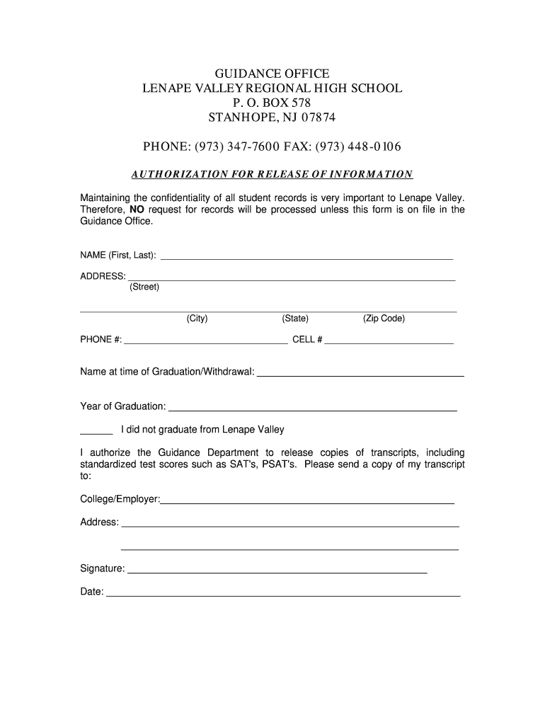 Transcript Request  Lenape Valley Regional High School  Lvhs  Form
