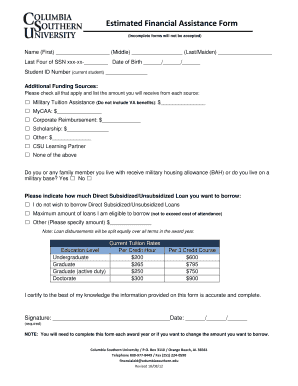 Estimated Financial Assistance Form Columbia Southern University