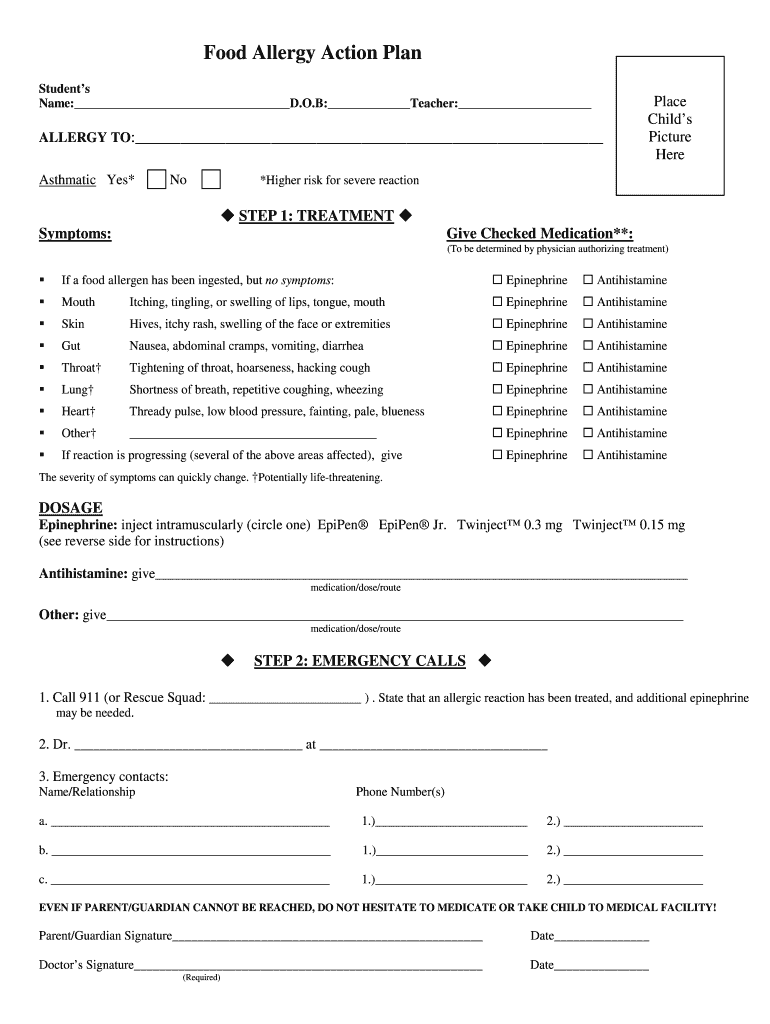 Printable Food Allergy Form Template