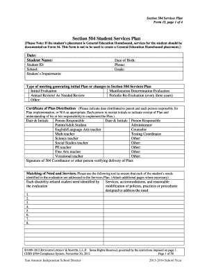 Section 504 Student Services Plan, Form 12 4 Pages San Antonio