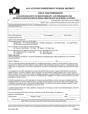  San Antonio Independent School District Field Trip Permission 2006-2024