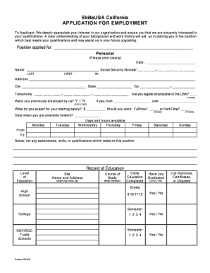 SkillsUSA California APPLICATION for EMPLOYMENT Skillsusaca  Form