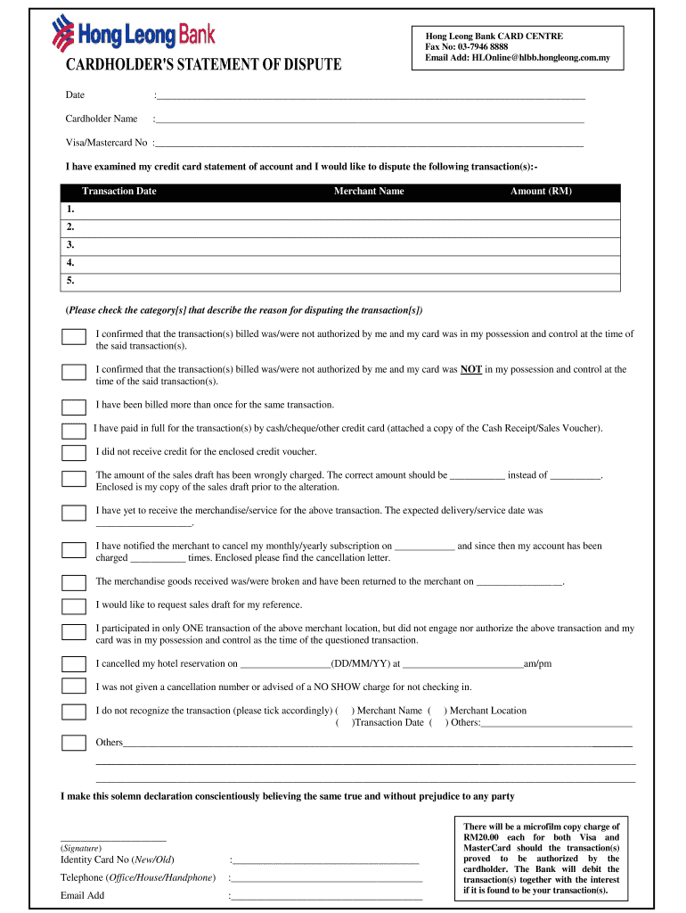 Hong Leong Bank Dispute Form