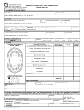 Head Start Dental Form