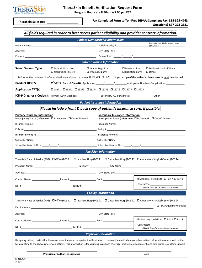 Theraskin Insurance Verification  Form