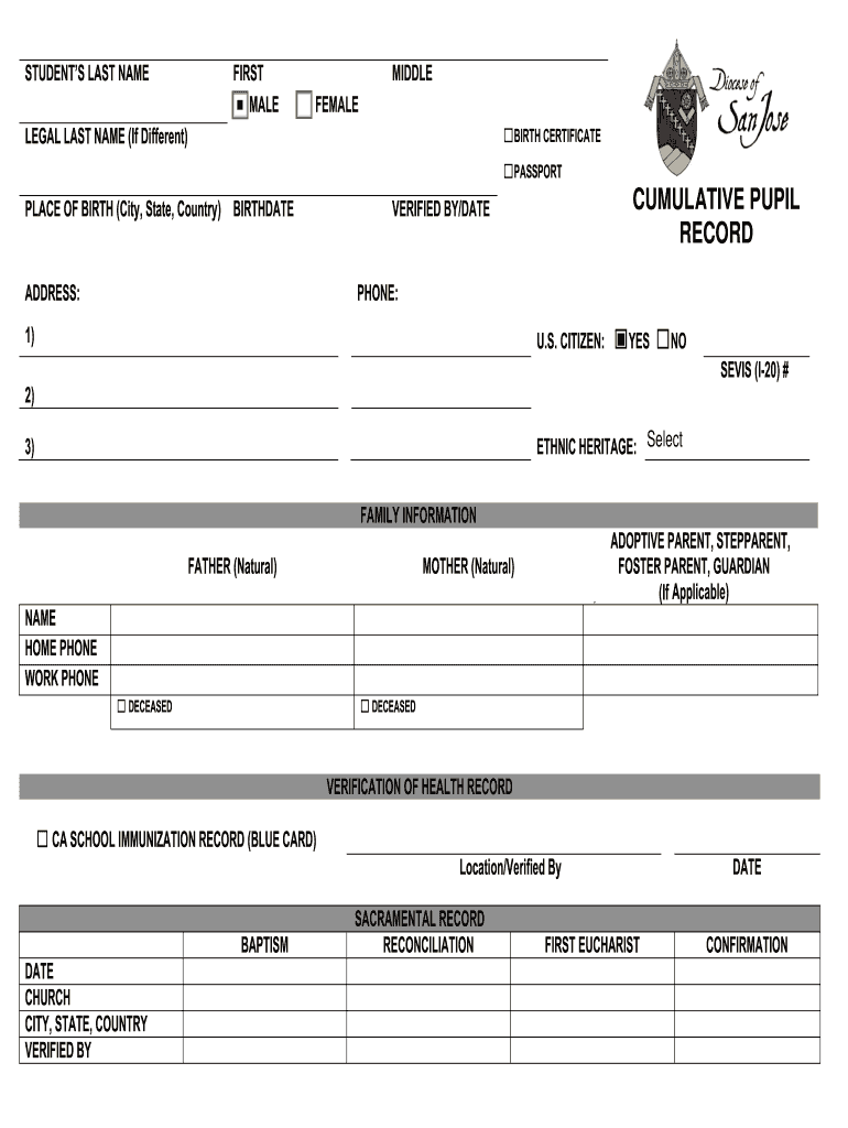  CUMULATIVE PUPIL RECORD  Diocese of San Jose  Dsj 2012-2024