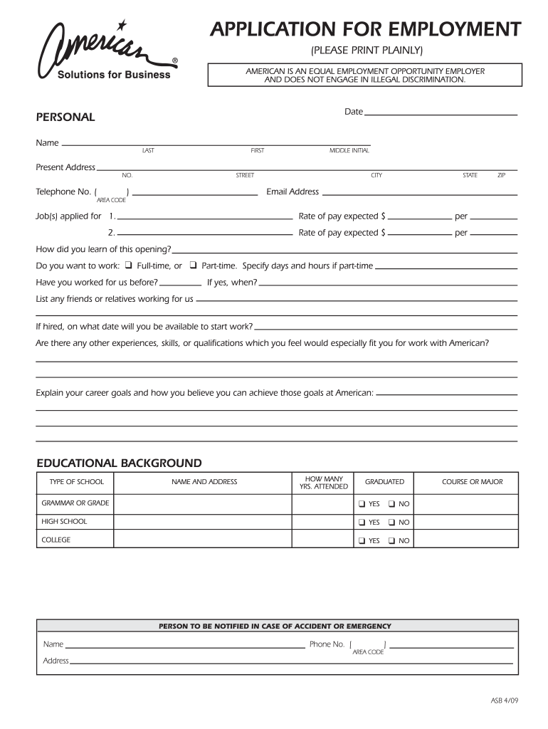 APPLICATION for EMPLOYMENT  American Solutions for Business  Form