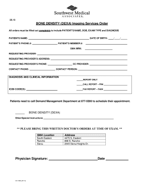 SMA Imaging Order Form for Bone Density DEXA Scan