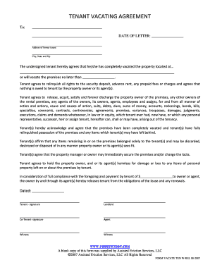 Tenant Vacating Agreement with Release Proeviction  Form
