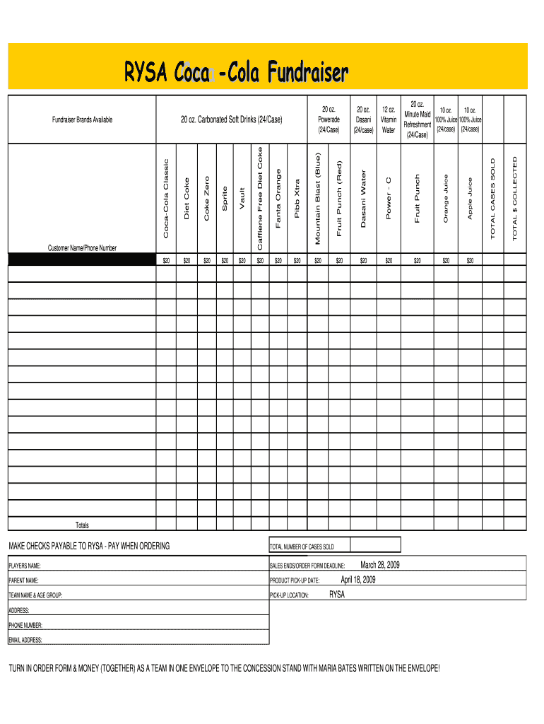  Coca Cola Fundraiser Order Form 2009-2024