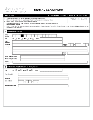 DENTAL CLAIM FORM Dencover Dental Insurance