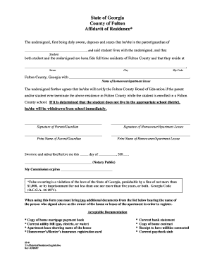 Affidavit of Residence English Fulton County Schools School Fultonschools  Form
