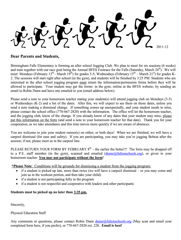 BFES Jogging Program Parent Letter and Form  Fulton County    School Fultonschools