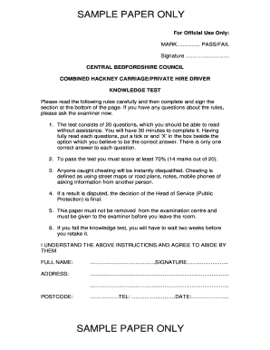 Taxi Knowledge Test Questions Luton  Form