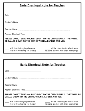 Early Dismissal Note Template  Form