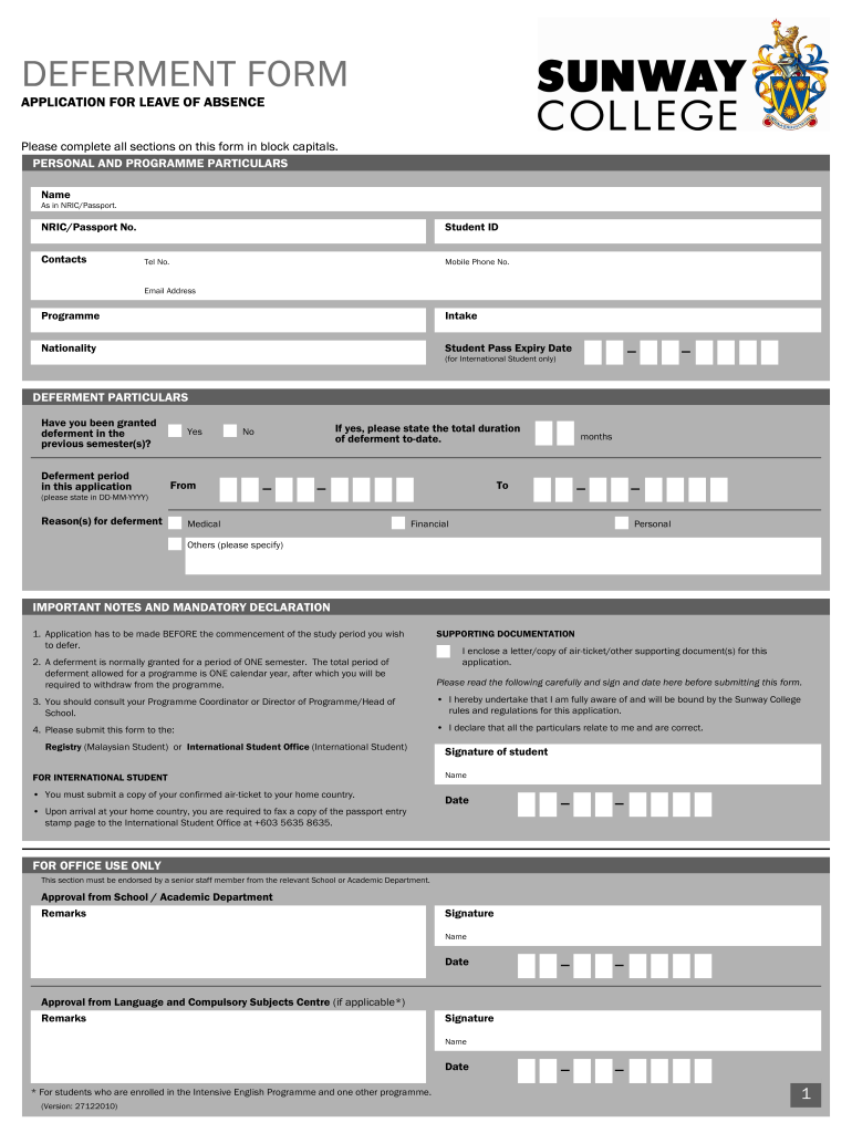  SCKL Deferment Form  Sunway College 2010