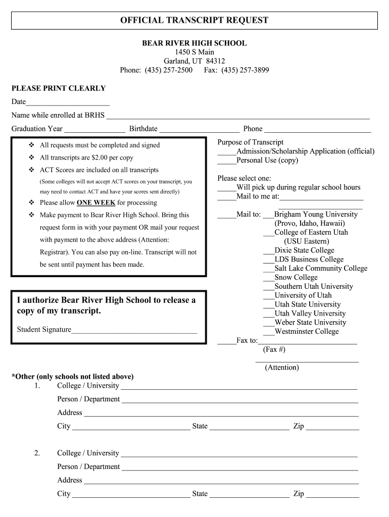 Bear River Highschool Transcripts Form