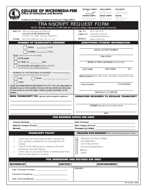  Transcript Request College of Micronesia FSM 2005