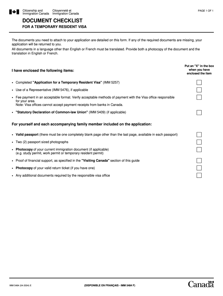 IMM 5484  Document Checklist for a Temporary Resident Visa 2004