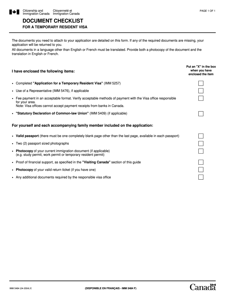  IMM 5484  Document Checklist for a Temporary Resident Visa 2004