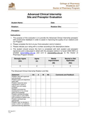 Preceptor and Site Evaluation Form to Be Completed by Student Qu Edu