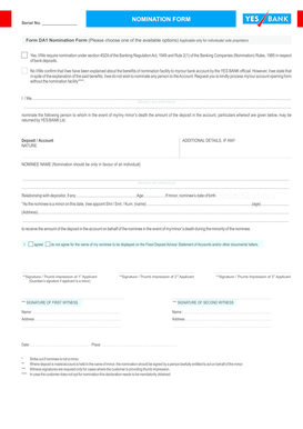 Yes Bank Nomination Form