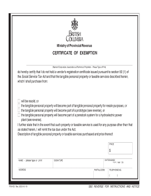British Columbia PST Exemption Certificate  Form