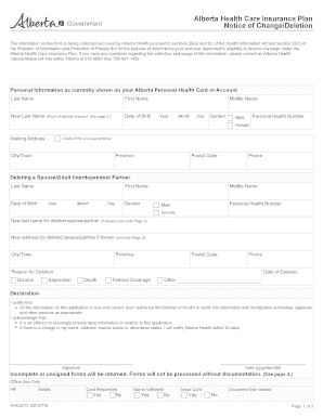  Alberta Health Care Insurance Plan Notice of ChangeDeletion November Delete Persons from AHCIP Account Information 2012