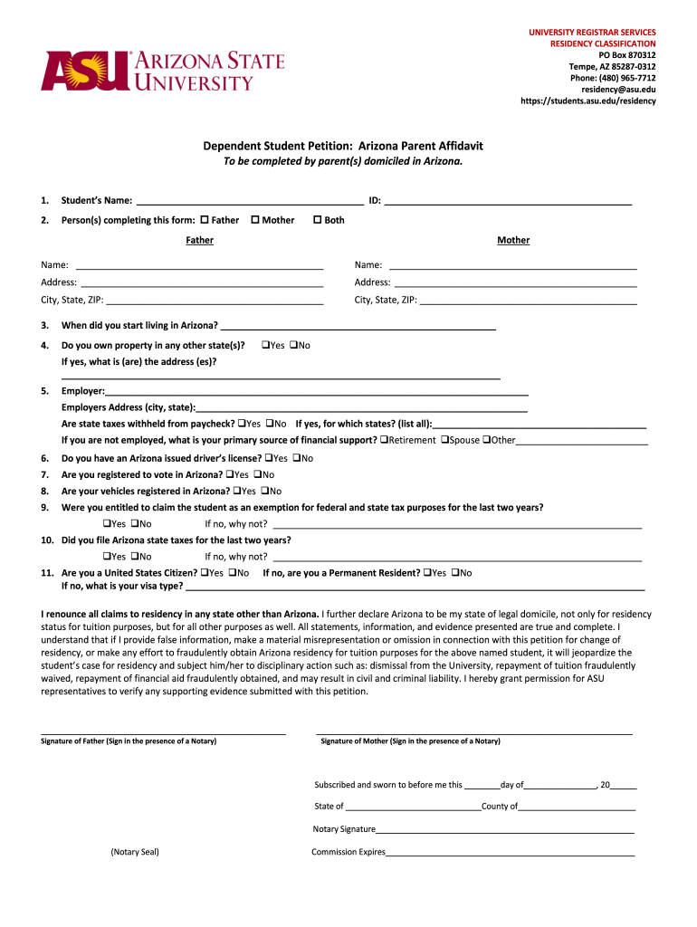 Asu Residency Petition  Form