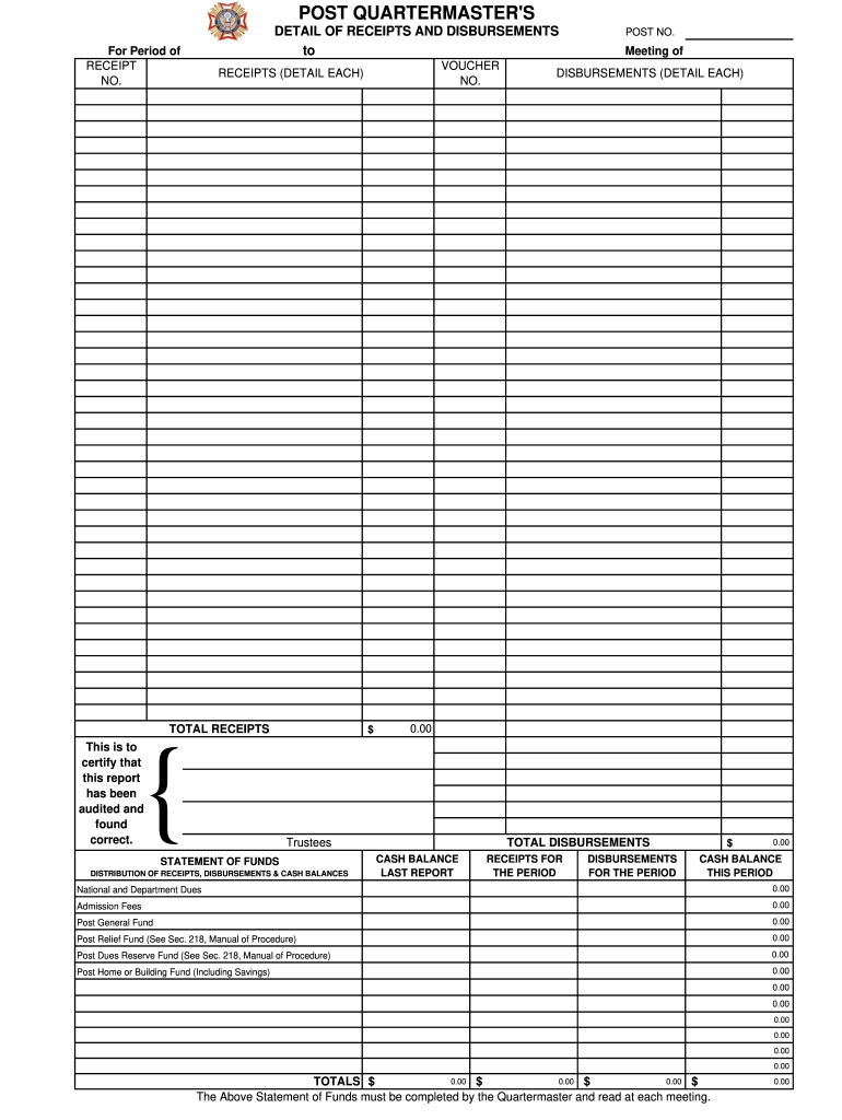 Monthly Detail of Receipts and Disbursements Form 4208 Ksvfw
