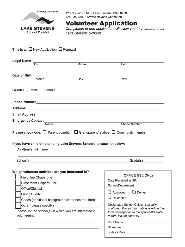 Get and Sign Lake Stevens Online District Volunteer Application Form 