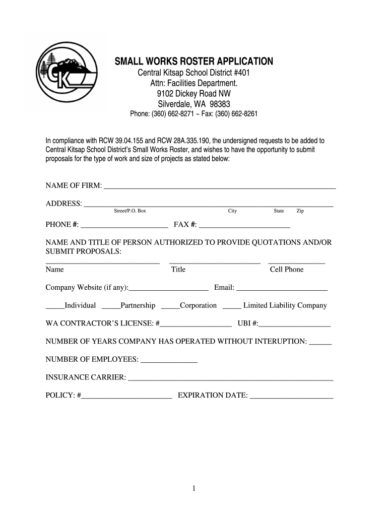 Small Works Roster Application  Central Kitsap School District  Cksd Wednet  Form