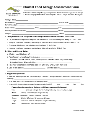 Student Food Allergy Assessment Form Lake Stevens School Lkstevens Wednet