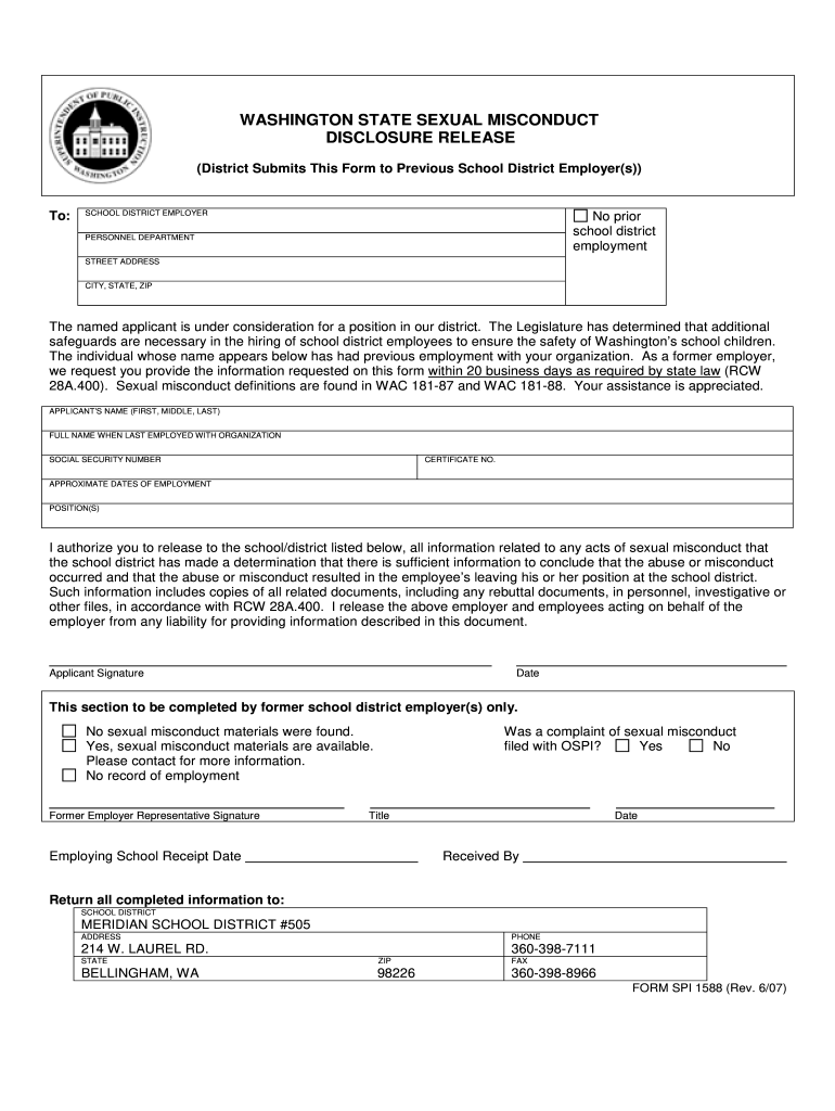  Washington State Sexual Misconduct Disclosure Release Form 1588 Meridian Wednet 2007