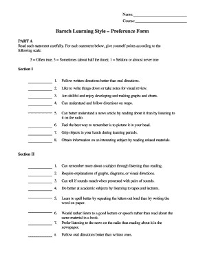 Barsch Learning Style Preference Form Pasadena City College Pasadena