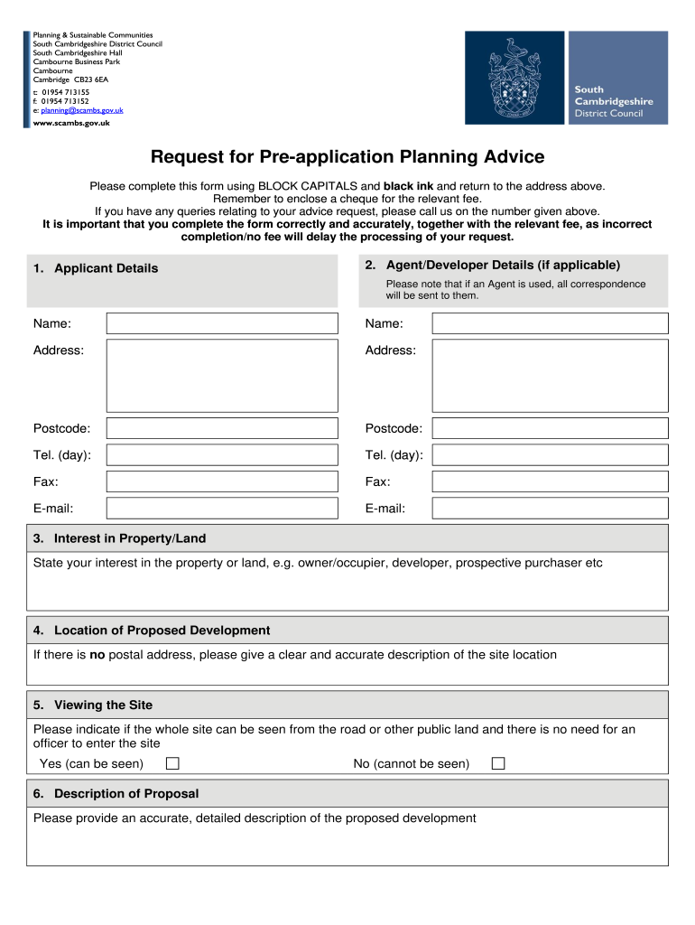Planning Pre Application Form  South Cambridgeshire District