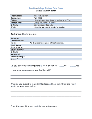 Student Data Form PDF Cerritos College Cms Cerritos