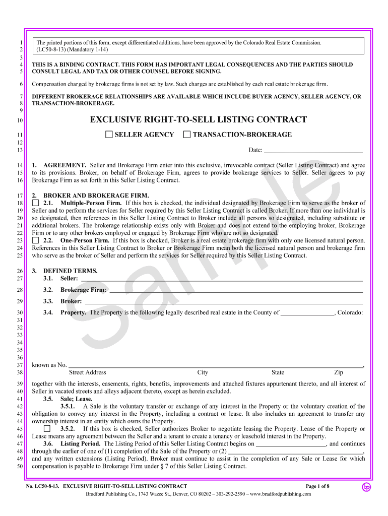 Exclusive Right to Sell Listing Contract Colorado Real Estate Commission Approved Form