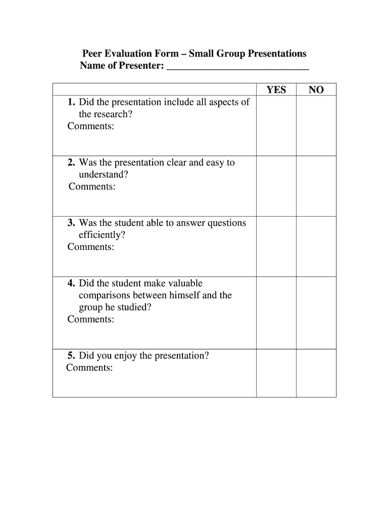 Peer Evaluation Form Small Group Presentations