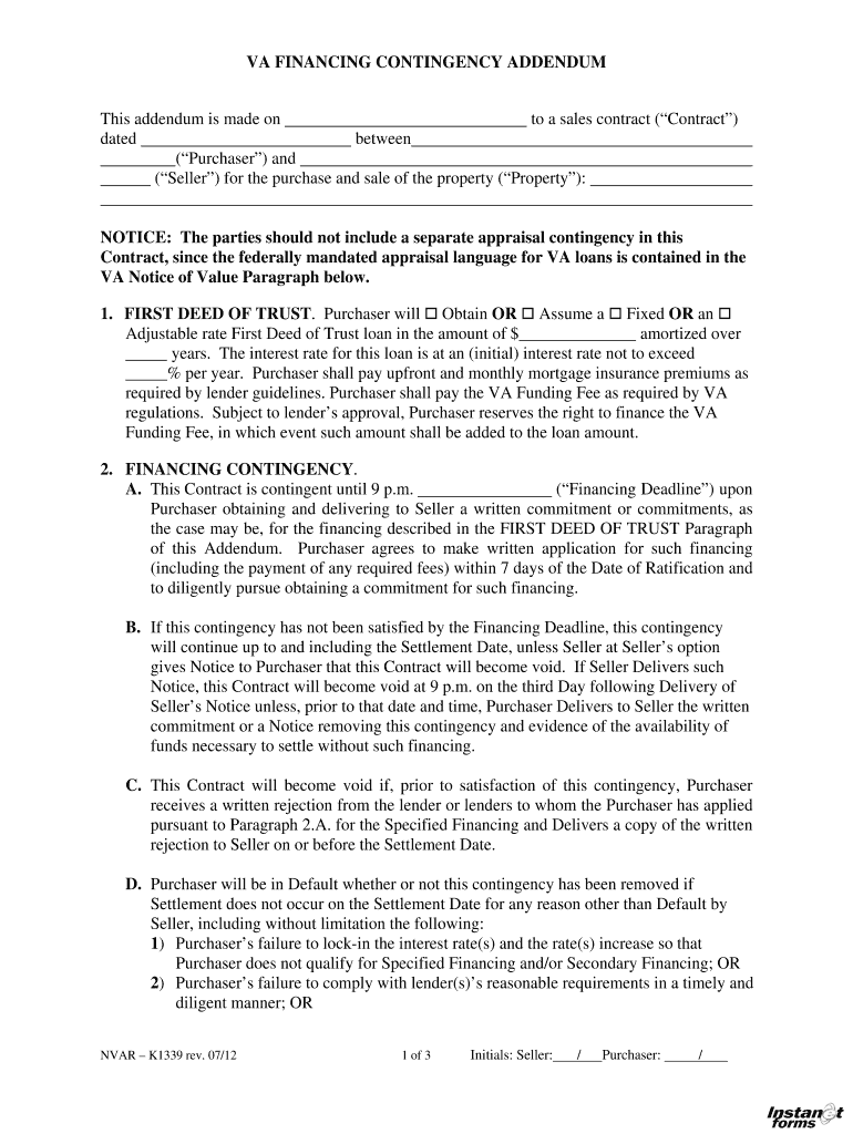 Va Financing Contingency Addendum  Form