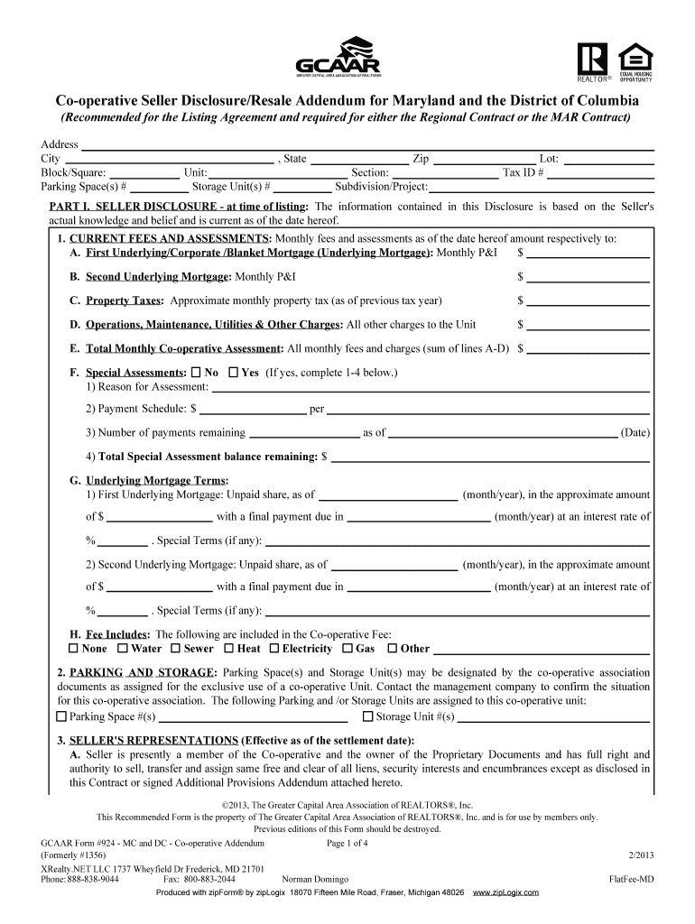Co Operative Resale DisclosureAddendum for MD &amp; DC 213 PDF  Form