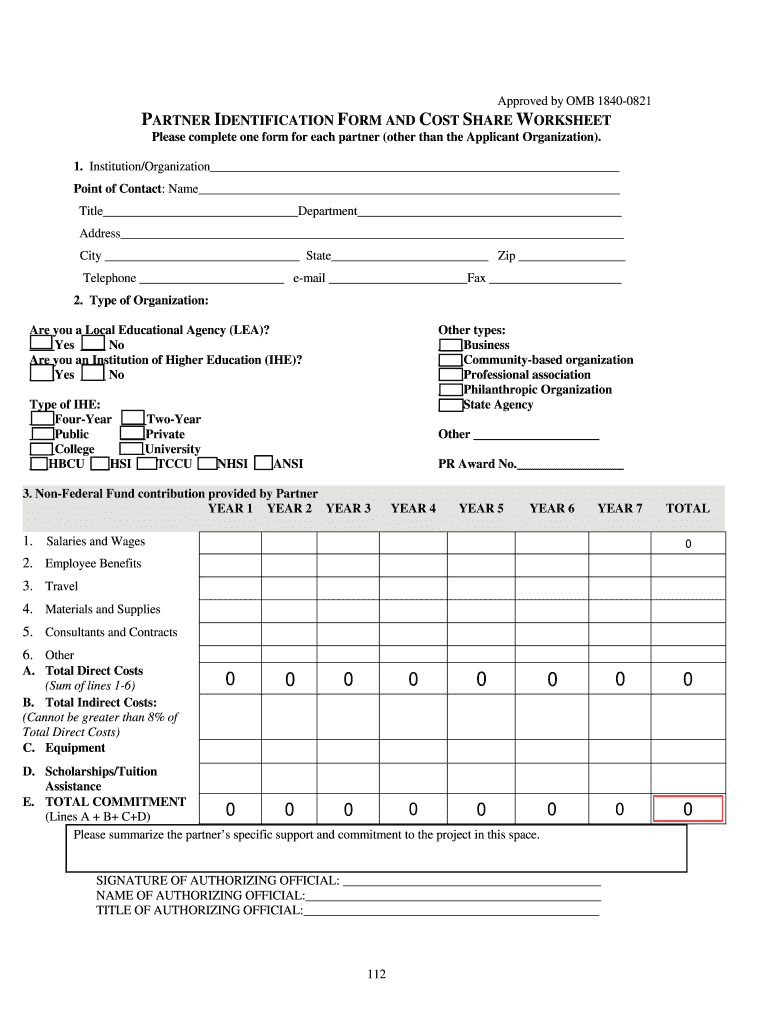 Fillable Partner Identification and Cost Share Worksheet  Form