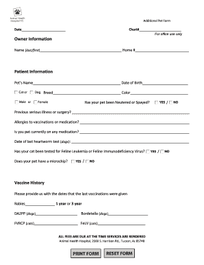 Additional Pet Information Form Animal Health Hospital