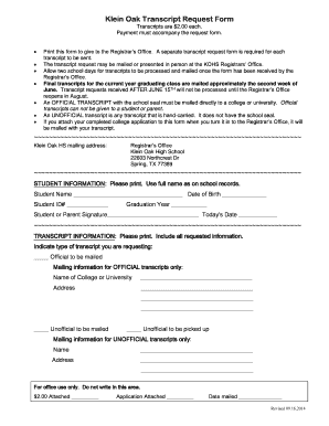 Klein Oak Transcript Request  Form