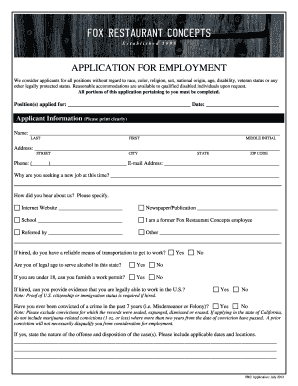APPLICATION for EMPLOYMENT Fox Restaurant Concepts  Form