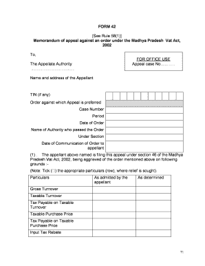 FORM 42 See Rule 581 Memorandum of Appeal Against an Order