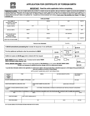 DH1178 Application for Certificate of Foreign Birth Florida  Form