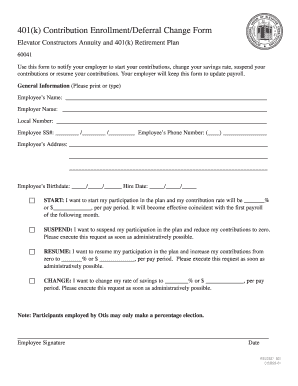401k Contribution EnrollmentDeferral Change Form Iuec85